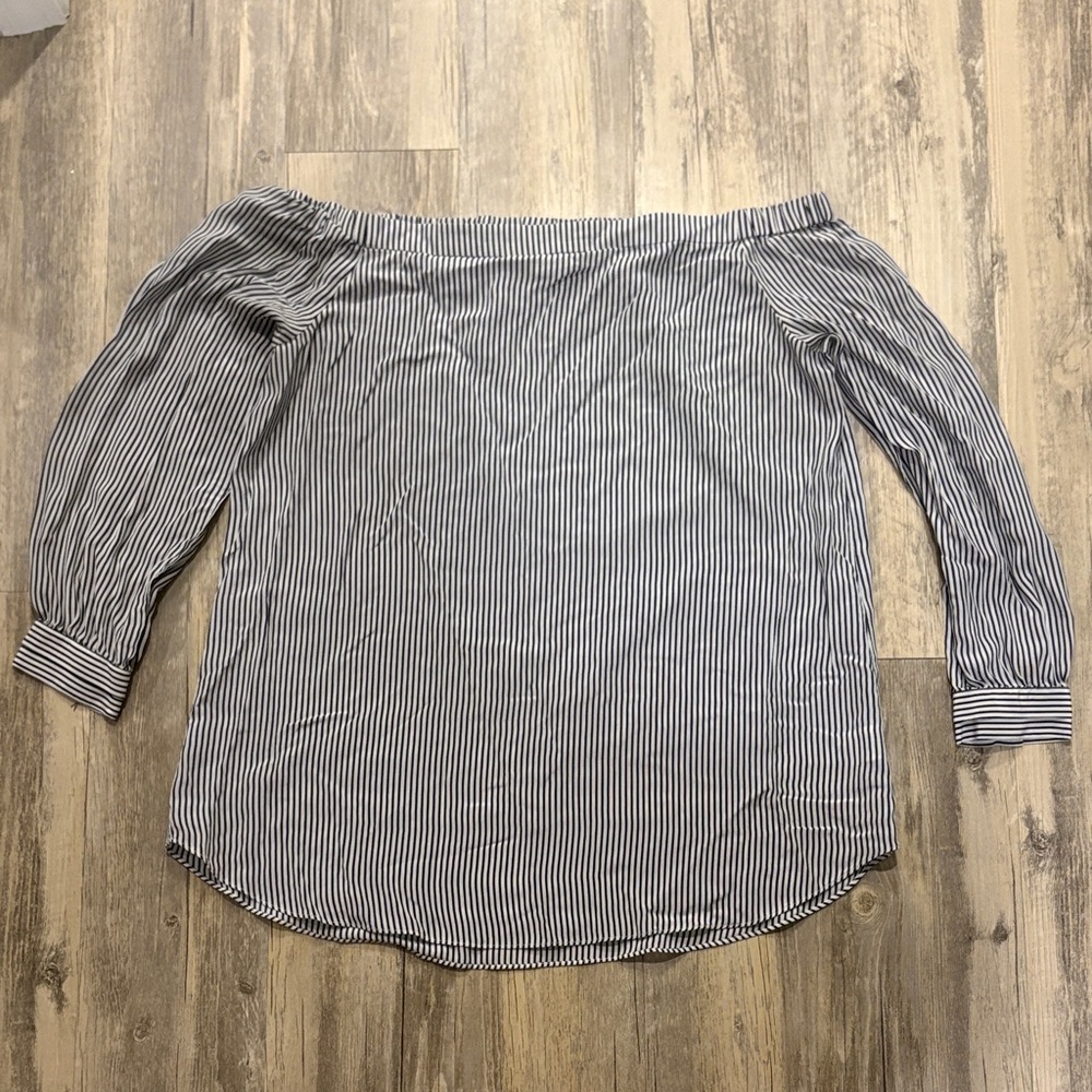 CAbi Navy and White Striped Silk Off-Shoulder Blouse